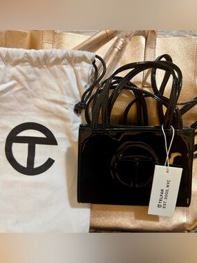 Authentic Telfar Black Patent Mini Bag with Logo